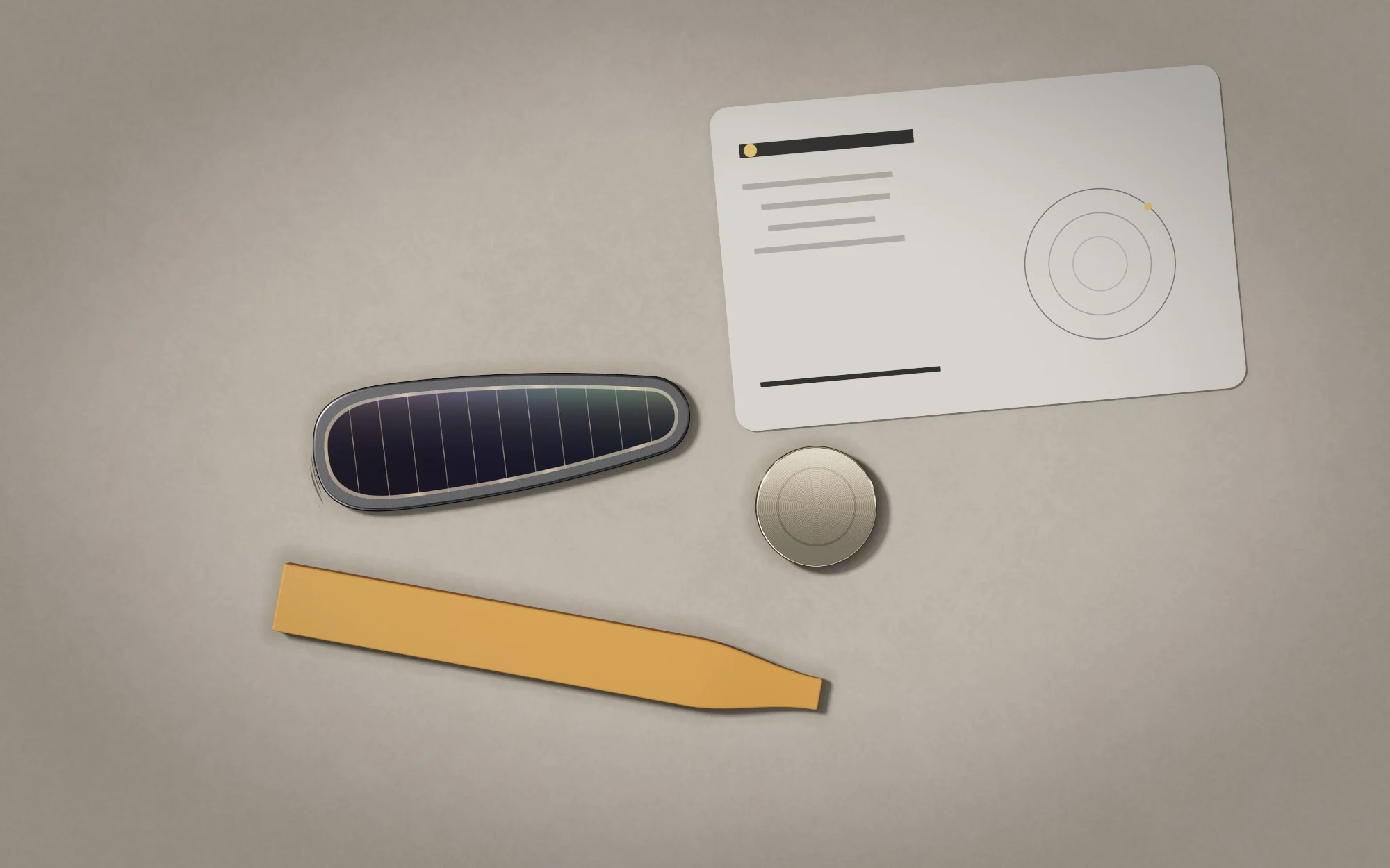 Flat lay of the kit: the Daylight solar back cover, an ML2032 cell, an amber pry tool, and a printed range test card